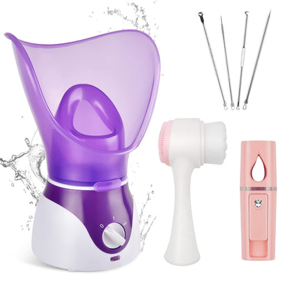 Crybeno Facial Steamer for Face Nano Ionic Face Steamer for Facial Deep Cleaning Hot Mist Face Humidifier Set for Women Men Moisturizing Cleansing Pores with Blackhead Remover Kit Purple