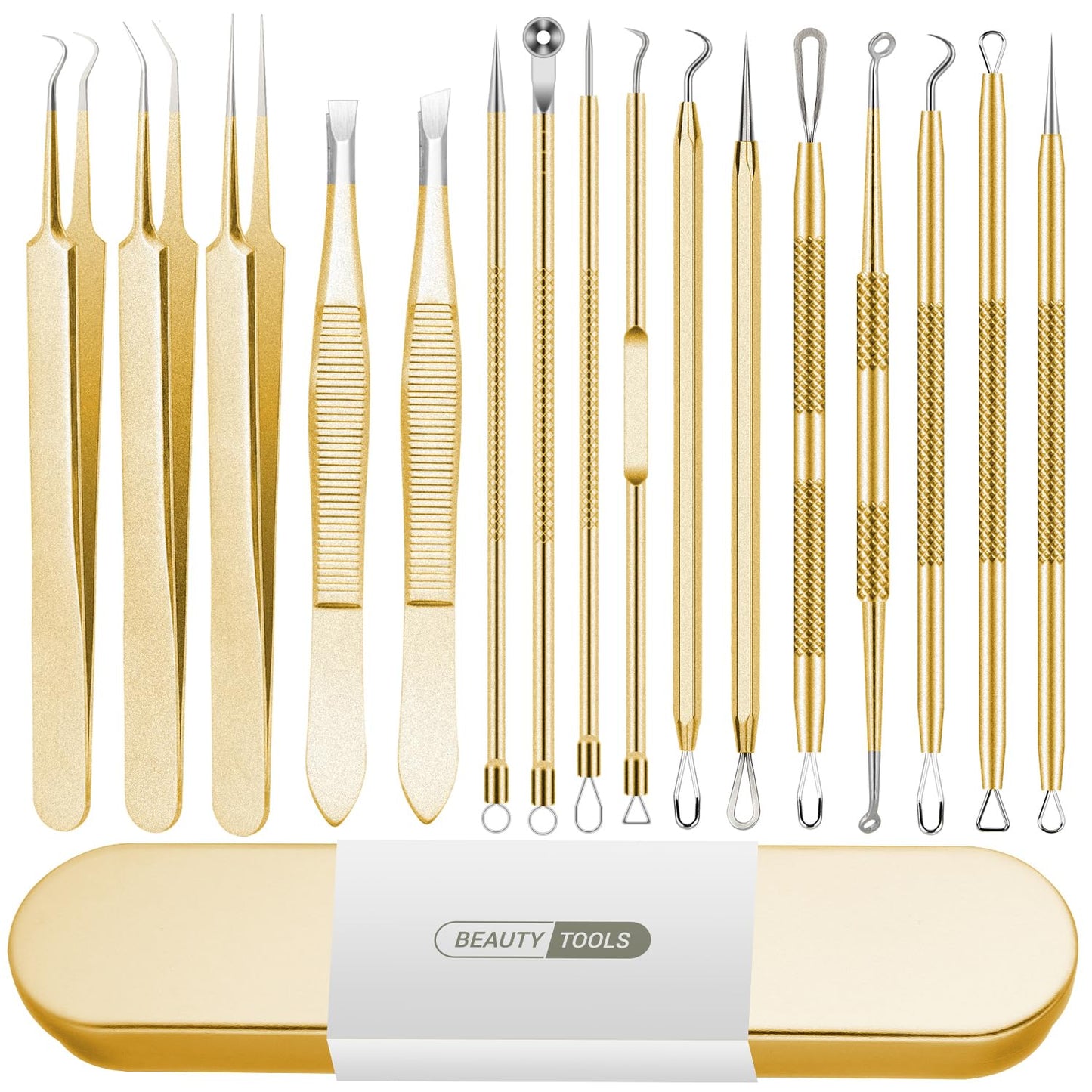 Blackhead Remover Tool 16 PCS Pimple Popper Tool Kit Tweezers Set for Eyebrows Hair Removal Pimple Blemish Acne Comedones Extractor Whitehead Cyst Removal Tool for Nose Face Beauty Tools (Golden)