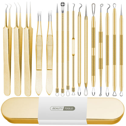 Blackhead Remover Tool 16 PCS Pimple Popper Tool Kit Tweezers Set for Eyebrows Hair Removal Pimple Blemish Acne Comedones Extractor Whitehead Cyst Removal Tool for Nose Face Beauty Tools (Golden)