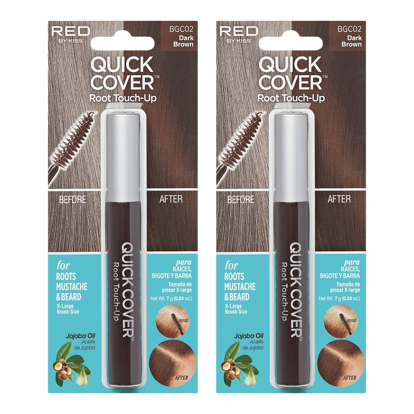 RED by Kiss Quick Cover Root Touch Up Rescue Mascara Natural Water-Resistant Temporary Gray Concealer Cover Up Brush for Hair Mustache & Beard (Dark Brown) (2Pcs)